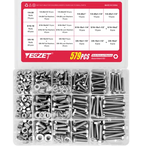 Miniatura 2 de Kit de 579 tornillos y tuercas 1/4-20 5/16-18 3/8-16 de acero inoxidable 18-8 resistentes tornillos hexagonales tuercas arandelas kit surtido