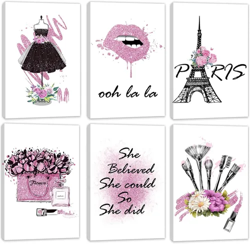 Miniatura 8 de HoozGee Juego de 6 pósteres enmarcados de maquillaje de moda, decoración de pared con marco de París, impresiones artísticas de pared