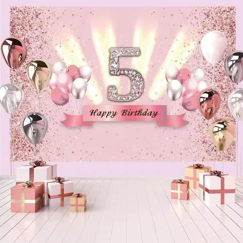 Miniatura 4 de Decoraciones de feliz cumpleaños 5 para niñas, pancarta de fondo para decoración de fiesta, póster de tela de aniversario, fondo de foto rosa