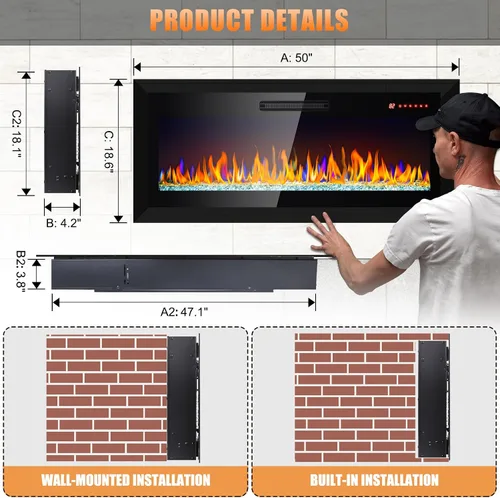 Miniatura 7 de Chimenea eléctrica, 50 pulgadas, empotrada y montada en la pared, calentador eléctrico de 1400 W con controles remotos, 16 colores de llama