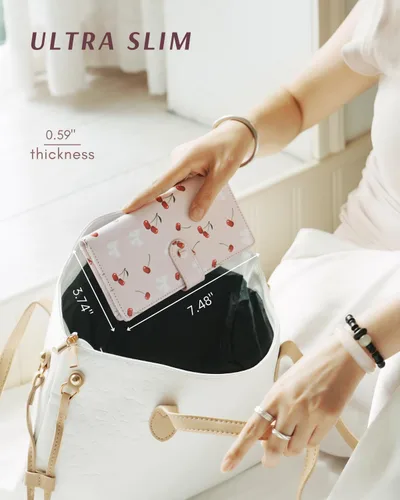 Miniatura 5 de Unilily Cartera delgada para mujer, con bloqueo RFID, de piel vegana, plegable, tarjetero con 2 ventanas de identificación y bolsillo con Lila