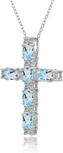Miniatura 5 de Sterling Silver Genuine, Created or Simulated Gemstone Oval-Cut Cross Pendant Necklace for Women