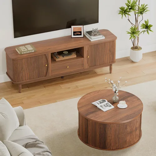Miniatura 8 de Mesa de Centro con Tapa Elevable, Mesa de Centro Redonda Acanalada con Almacenamiento, Mesa de Comedor Central Estilo Granja Mesa Circular para Sala