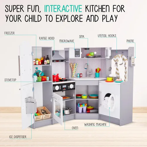 Miniatura 2 de Lil' Jumbl Juego de cocina de esquina para niños, cocina de lujo de madera de simulación, máquina de hielo a pilas, estufa y grifo con sonido gris
