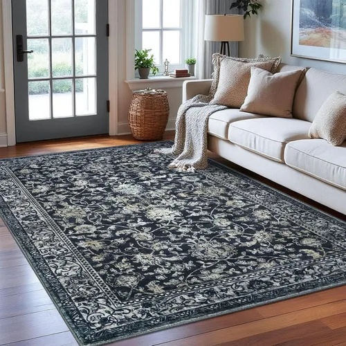 Miniatura 16 de KILOCOCO Alfombra lavable de 2 x 3 para entrada, estampado floral vintage, suave, antideslizante, azul, alfombras de cocina, tapete