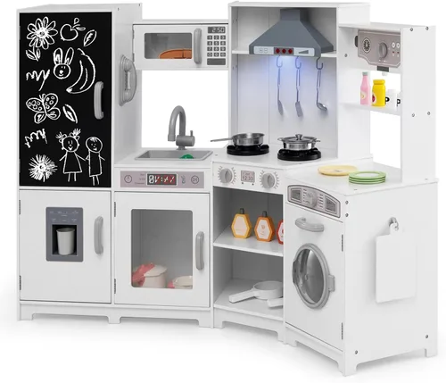 Miniatura 10 de GLACER Cocina de madera de esquina para niños, juego de cocina grande con sonido, luz, pizarra, microondas, máquina de hielo, lavadora, accesorios