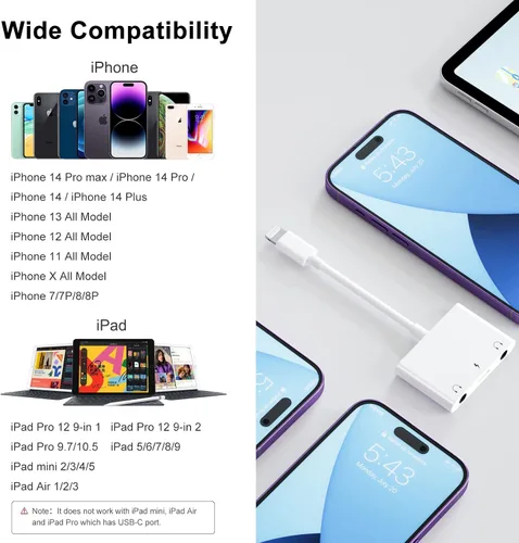 Miniatura 6 de Adaptador de conector de auriculares 3 en 1 dual de 0.138 in - Adaptador de audio y carga para auriculares - Divisor de auriculares para iPhone
