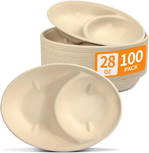 Celel Paquete de 100 Cuencos de Papel Ovalados con 2 Compartimentos, Cuencos Desechables para Papas Fritas y Salsa para Fiestas, Cuencos para Papas