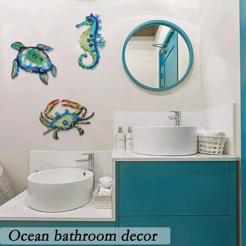 Miniatura 6 de Weibefee Arte de pared de metal con temática de playa de caballito de mar de tortugas marinas y cangrejo para decoración del día de la madre