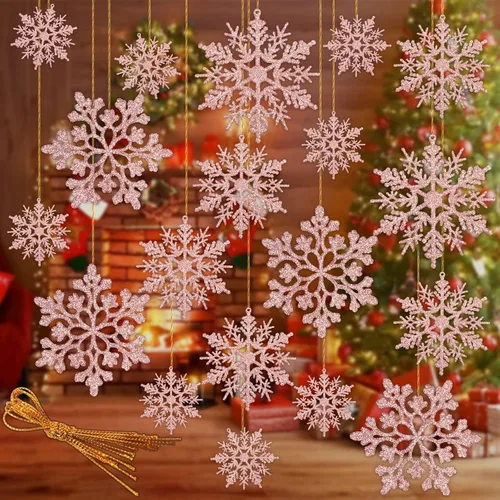 Adornos para Árbol de Navidad en Copos de Nieve - 36 Piezas de Adornos Colgantes de Copo de Nieve de Oro Rosa con Purpurina para Árbol de Navidad de