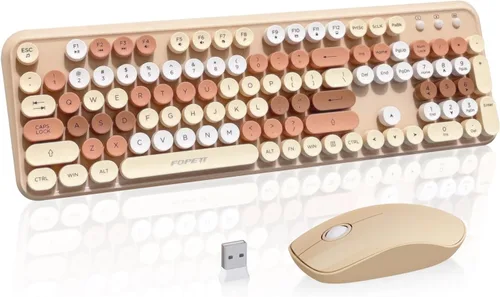 Miniatura 10 de FOPETT V2020 Combo de teclado y mouse inalámbricos, bonito teclado inalámbrico con llave roja redonda estilo retro, conectividad CapSecure de 2.4
