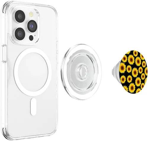 Miniatura 4 de Decoración de girasol amarillo sol flor fondo negro Girasol PopSockets MagSafe PopGrip para iPhone