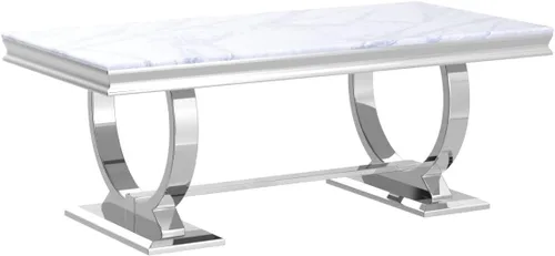 Miniatura 5 de Asday Mesa de centro plateada, mesa rectangular gris para sala de estar con base en U de metal espejo plateado, mesa de centro para sala de estar