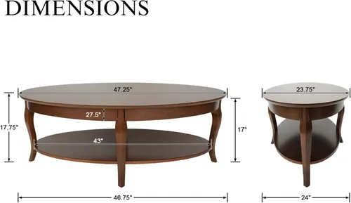 Miniatura 2 de Mesa auxiliar ovalada de 47 pulgadas, mesa auxiliar de 2 niveles con estante de almacenamiento, mesa central de madera maciza para sala de estar