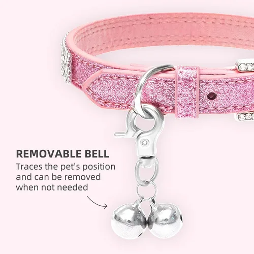 Miniatura 5 de PUPTECK Collar básico ajustable para gato con diamantes brillantes y campanas dobles, para gatitos y cachorros pequeños, collares de diamantes