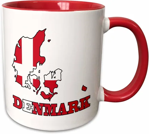 Miniatura 10 de 3dRose La bandera de Dinamarca en el mapa del contorno del país y el nombre, Dinamarca. Taza negra de dos tonos de 11 oz