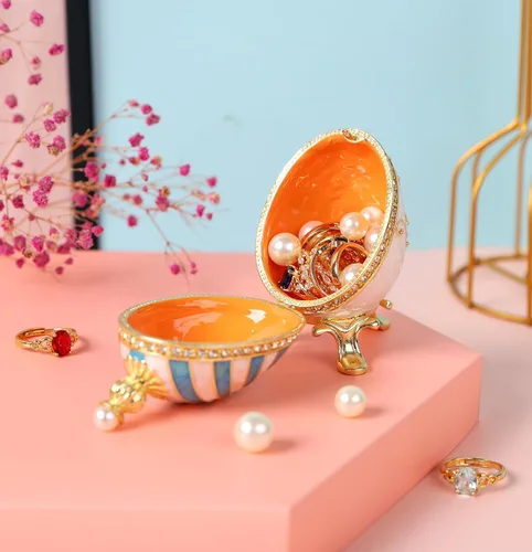 Miniatura 5 de Cajas de joyería con forma de huevo de Pascua azul con bisagras con diamantes de imitación en forma de amor, esmalte de regalo para mujeres