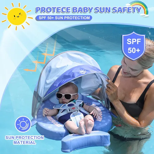 Miniatura 3 de Mambobaby Baby Float with Canopy & Tail Non-Inflatable Baby Swim Float Upgrade Soft Infant Pool Float Sun Protection Newborn Pool Float 3-24 Months