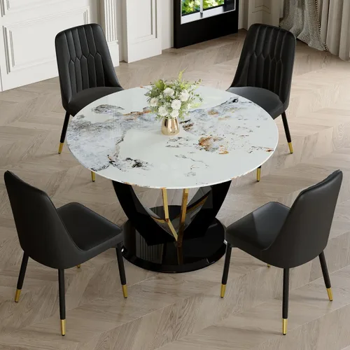 Miniatura 47 de Juego de mesa de comedor redonda para 4, mesa moderna de 48" con tapa de mármol sintético falso y pedestal brillante negro, juego de mesa de cocina