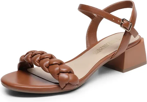 Miniatura 26 de DREAM PAIRS Zapatos de tacón bajo para mujer con correa de tobillo y puntera abierta trenzada, tacón grueso, sandalias de tacón grueso para fiestas