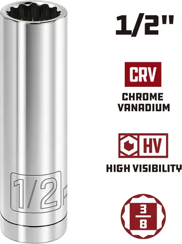 Miniatura 2 de Powerbuilt 3/8 de pulgada x 1/2 pulgada SAE Deep Socket, 12 puntos, cromo-vanadio, marca de tamaño - 940046