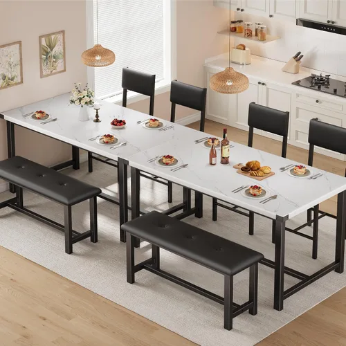 Miniatura 2 de Juego de mesa de comedor de madera Garvee para 4, mesa de cocina y 2 sillas tapizadas con banco, juego de comedor rectangular, para espacios Mármol