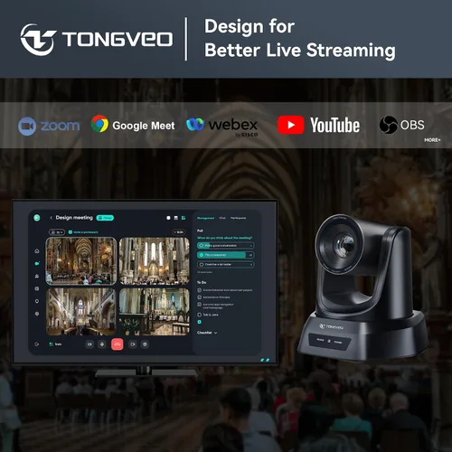 Miniatura 4 de TONGVEO Cámara Web Inalámbrica de 5.8GHz para Sala de Conferencias, Cámara PTZ USB 1080P 60fps de 3X para Transmisión en Vivo de la Iglesia