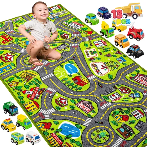 JOYIN - Alfombras de juego para niños con juego de 12 vehículos de tracción trasera, alfombra duradera para niños, de simulación de ciudad, con