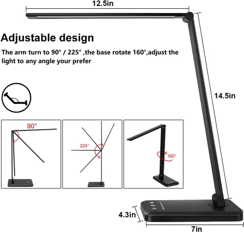 Miniatura 5 de Lámpara de escritorio LED White Crown, lámpara de mesa regulable, lámpara de lectura con puerto de carga USB, 5 modos de iluminación, control Negro