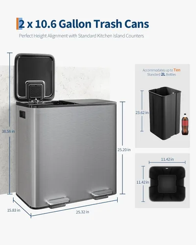 Miniatura 6 de GarveeHome 2 x 10.6 gal Botes de Basura Dobles de Acero Inoxidable con Tapa para Cocina, Combo Grande de Bote de Basura Dual y Reciclaje, Botes