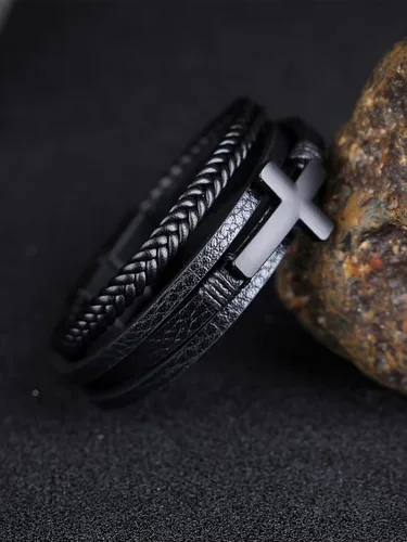 Miniatura 4 de Pulsera de cuero para hombre con cruz trenzada de varias capas con cierre de acero inoxidable, regalos religiosos cristianos para él