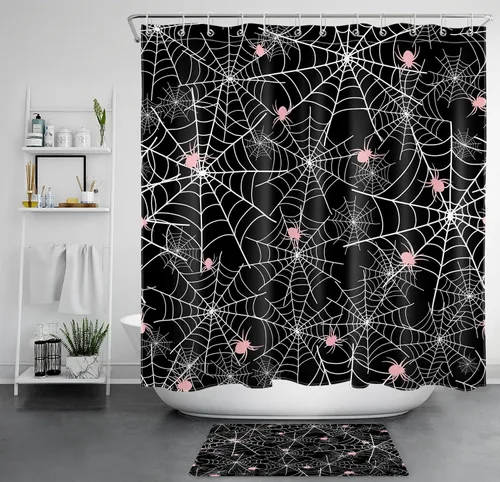 Miniatura 9 de EOBTAIN Cortina de ducha de Feliz Halloween para baño, arañas rosas aterradoras con telaraña sobre negro, cortina de ducha farbic con 10 ganchos