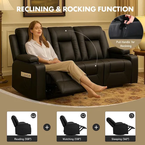 Miniatura 4 de LUCKLIFE Juego de sofá reclinable de cuero con sillones reclinables manuales, juego de muebles de sala con sofá reclinable, sofá biplaza y sillón