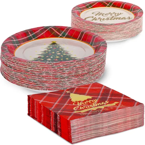 Miniatura 5 de Suministros de fiesta de Navidad Gatherfun, decoración de árbol de Navidad, platos de papel desechables rojos con diseño de cuadros para cena