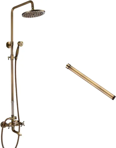 Antiuqe - Accesorio de ducha de latón de 8 pulgadas con boquilla de bañera montado en la pared, 2 manijas cruzadas con latón antiguo a juego, tubo