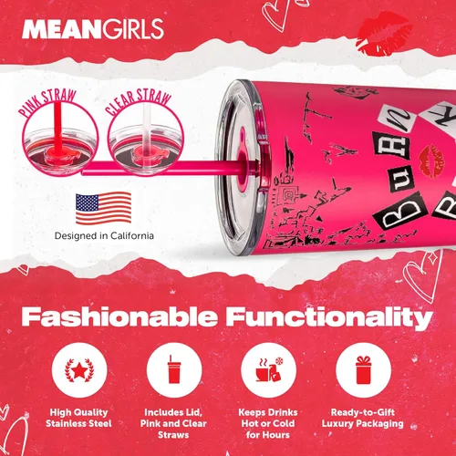 Miniatura 3 de Vaso con aislamiento al vacío de Dragon Glassware x Mean Girls con tapa y pajita - Vaso de 24 onzas con 2 pajitas - Vaso de acero inoxidable
