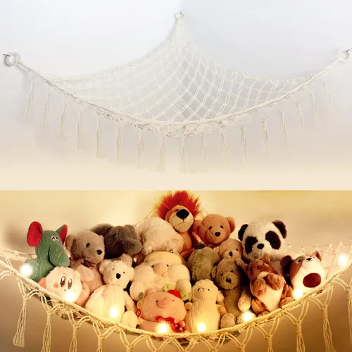 Miniatura 10 de Red de Animales de Peluche o Hamaca con Luz, Yewiwin Red Colgante de Macramé Hamaca para Organizador de Almacenamiento de Juguetes de Animales