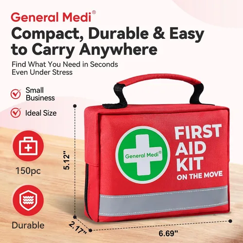 Miniatura 4 de General Medi Botiquín de primeros auxilios - 150 piezas pequeño y compacto. Incluye paquete frío instantáneo, manta de emergencia para viajes