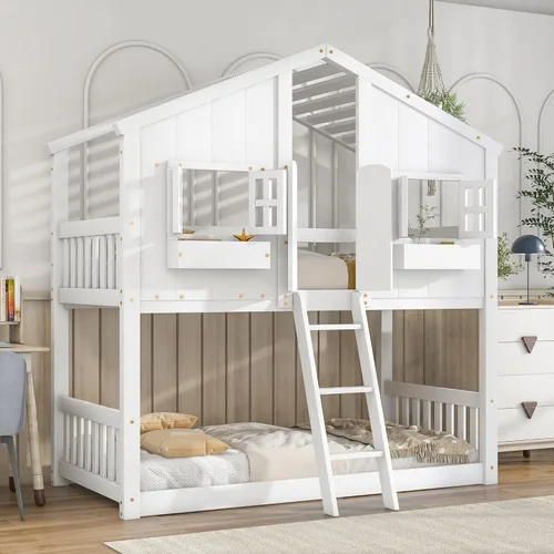 Miniatura 21 de JIVOIT Litera de madera con diseño de techo y ventanas, litera individual sobre individual con nido y escalera integrada para niños, adolescentes