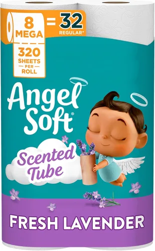 Angel Soft Papel higiénico con tubo perfumado de lavanda fresca, 8 megarrollos = 32 rollos regulares, papel higiénico suave y fuerte