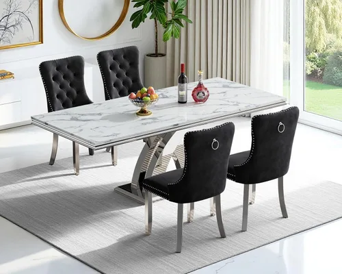 Miniatura 52 de Moderno juego de mesa de comedor de mármol sintético de 68.11 pulgadas para 6, mesa de comedor de mármol blanco y plateado con 6 sillas de Blanco