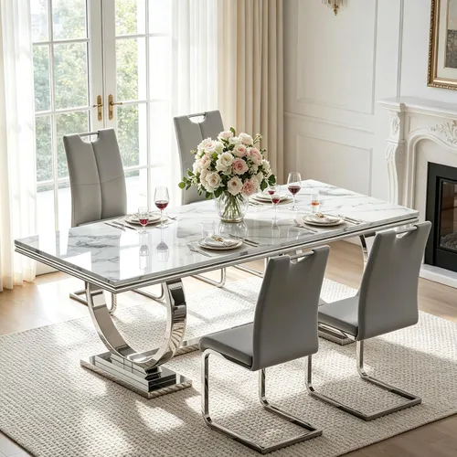 Miniatura 26 de Juego de mesa de comedor de mármol para 4, mesa de cocina rectangular de mármol blanco de 70 pulgadas con base en O de acero inoxidable dorado