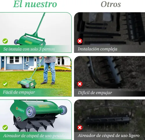 Miniatura 4 de Aireador de césped rodante, herramienta de aireación de picos de empuje de alta resistencia de hasta 55 libras, aireador de césped giratorio manual