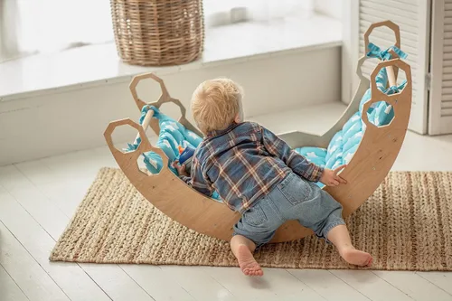 Miniatura 7 de WOOD&ROOM Arco de escalada de madera con cojín - Balancín escalador - Balancín de arco de madera interior con almohada - Puente Montessori