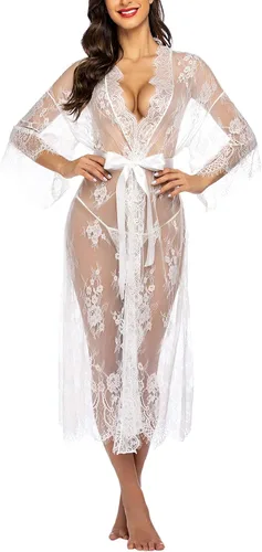 Miniatura 2 de Bata Avidlove tipo kimono, de encaje, camisón largo de lencería sexy, babydoll transparente para mujer