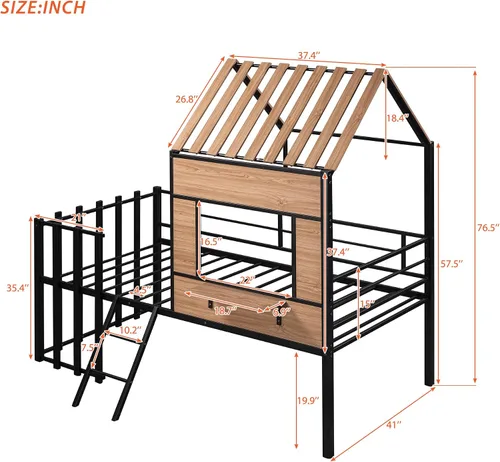 Miniatura 2 de Harper & Bright Designs Cama tipo loft con techo y escalera integrada, cama alta de metal tamaño individual con ventana y valla de seguridad