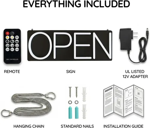 Miniatura 9 de HiNeon Letrero de Neón Abierto Azul Hielo de 20inx7in Letrero LED Abierto con Control Remoto, Letrero de Luz Cian Eléctrica para Tienda de Negocios