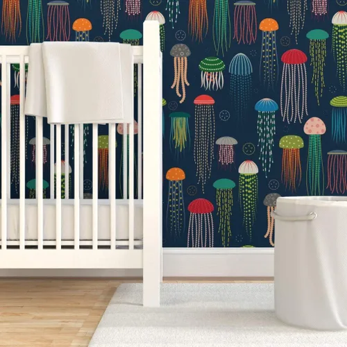 Miniatura 6 de Muestras de papel tapiz para despegar y pegar, medusas brillantes y modernas, animales coloridos océanos, natación, criaturas marinas, decoración