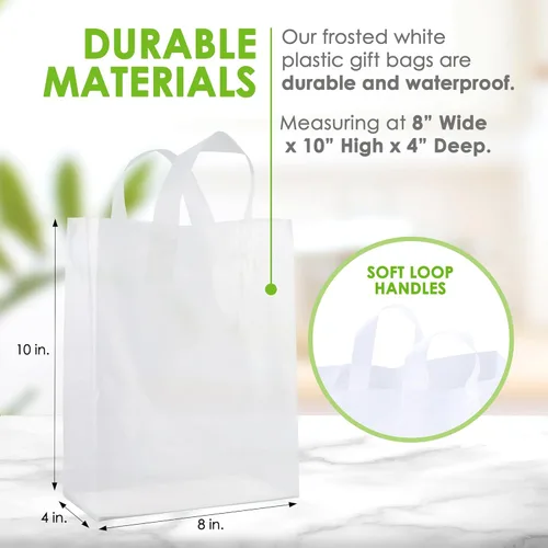 Miniatura 9 de Prime Line Packaging Bolsas de regalo de plástico, bolsas de regalo esmeriladas con asas para pequeñas empresas, regalos de bienvenida, bolsas