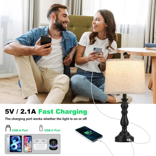 Miniatura 3 de Juego de 2 lámparas de mesa de granja de 23 pulgadas para sala de estar, con puertos USB C+A, lámpara de noche retro para dormitorio, oficina, negro